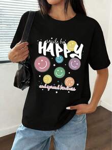 Talla grande - talla extra grande - camiseta de mujer, hecha de algodón puro, tela ligera y transpirable, diseño de cuello redondo, diseño estampado, corte de manga corta, adecuada para primavera y verano. - Negro - Ver 7
