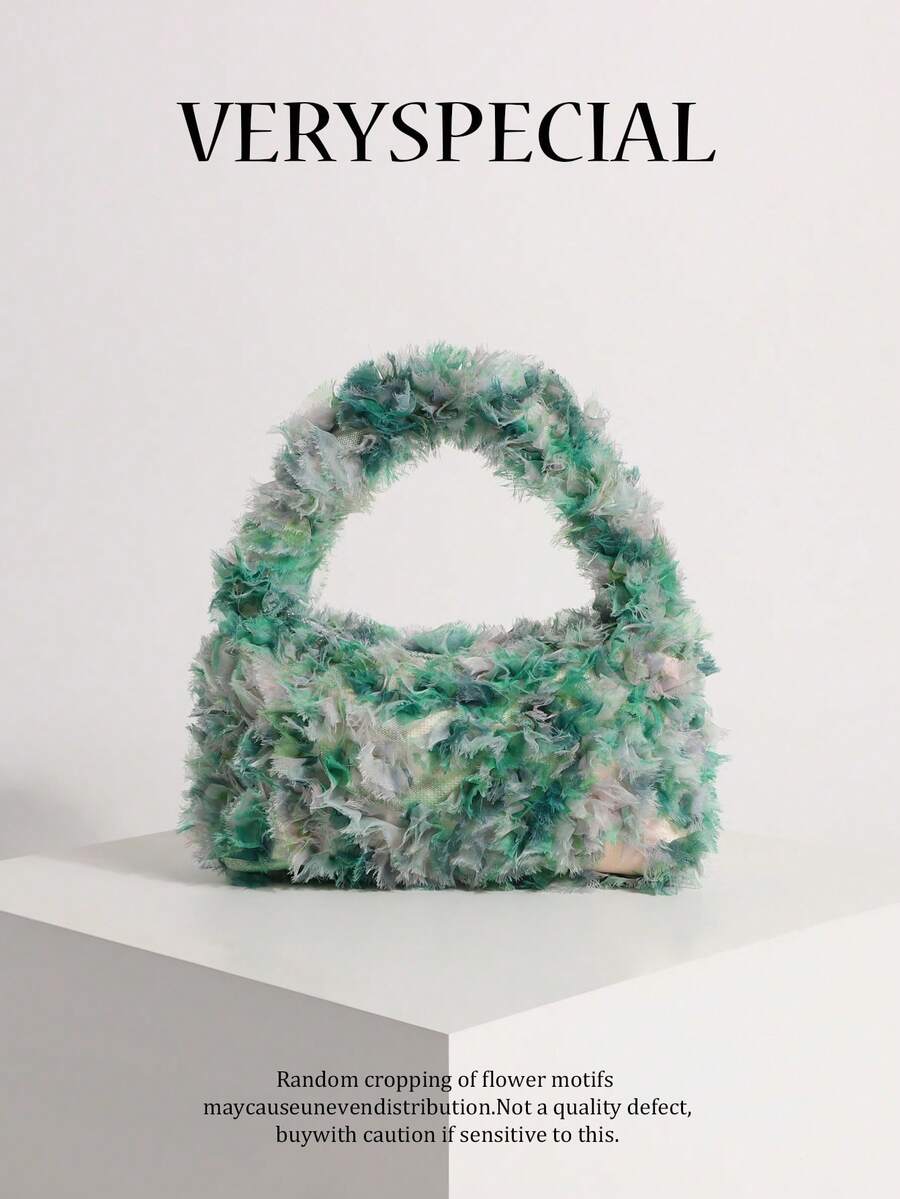 Green 3D Colorful Mesh Floral Handbag Hobo Luxury Elegant Gentle Vibe Tote Bag (Random Fabric Cut) - Green - View 1
