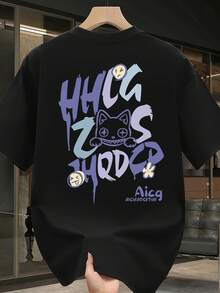 Camiseta de manga corta para hombre,% algodón, de marca de moda, estilo casual de verano, talla, corte holgado, prenda versátil adecuada para todas las estaciones. Se puede usar como capa base en primavera y otoño o sola en verano. Estilo unisex, perfecta para amigos. Camiseta de marca de moda,% algodón y de peso pesado. - Negro - Ver 1