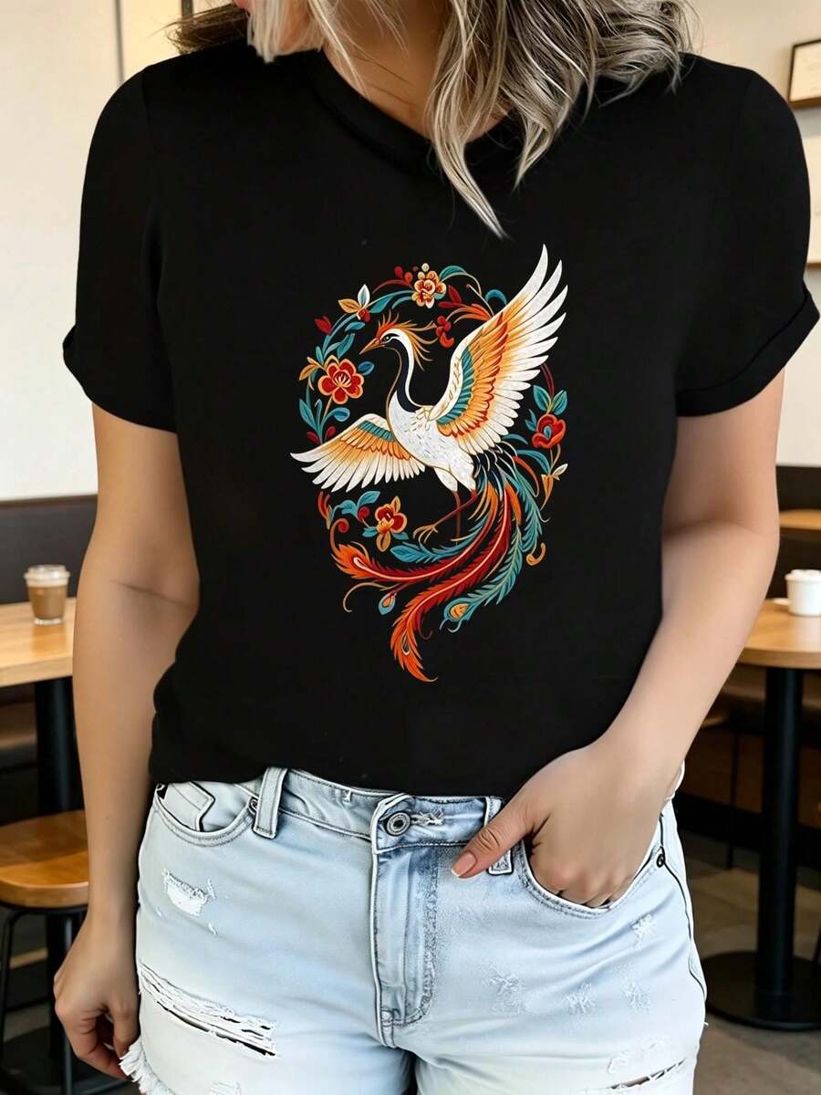 Breathable Women's Printed Short Sleeve Summer T-Shirt, Modern And Casual, Machine Washable, Comfortable Fit, 2D Flat Print, Elegant Blouses For Women, Women's Sportswear. - 黑色 4 - 查看 1