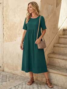 LUNE Vestido largo plisado de manga corta y cuello redondo de unicolor para mujer - Verde Oscuro - Ver 2