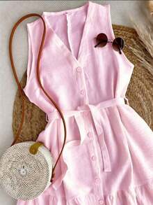 Vestido mini de mujer con cuello en V sin mangas, cintura con lazo y dobladillo con volantes, adecuado para primavera, verano, otoño e invierno, apropiado para citas, casual elegante, ir al trabajo, vestido de resort para mujer, atuendo de oficin - Rosa - Ver 3