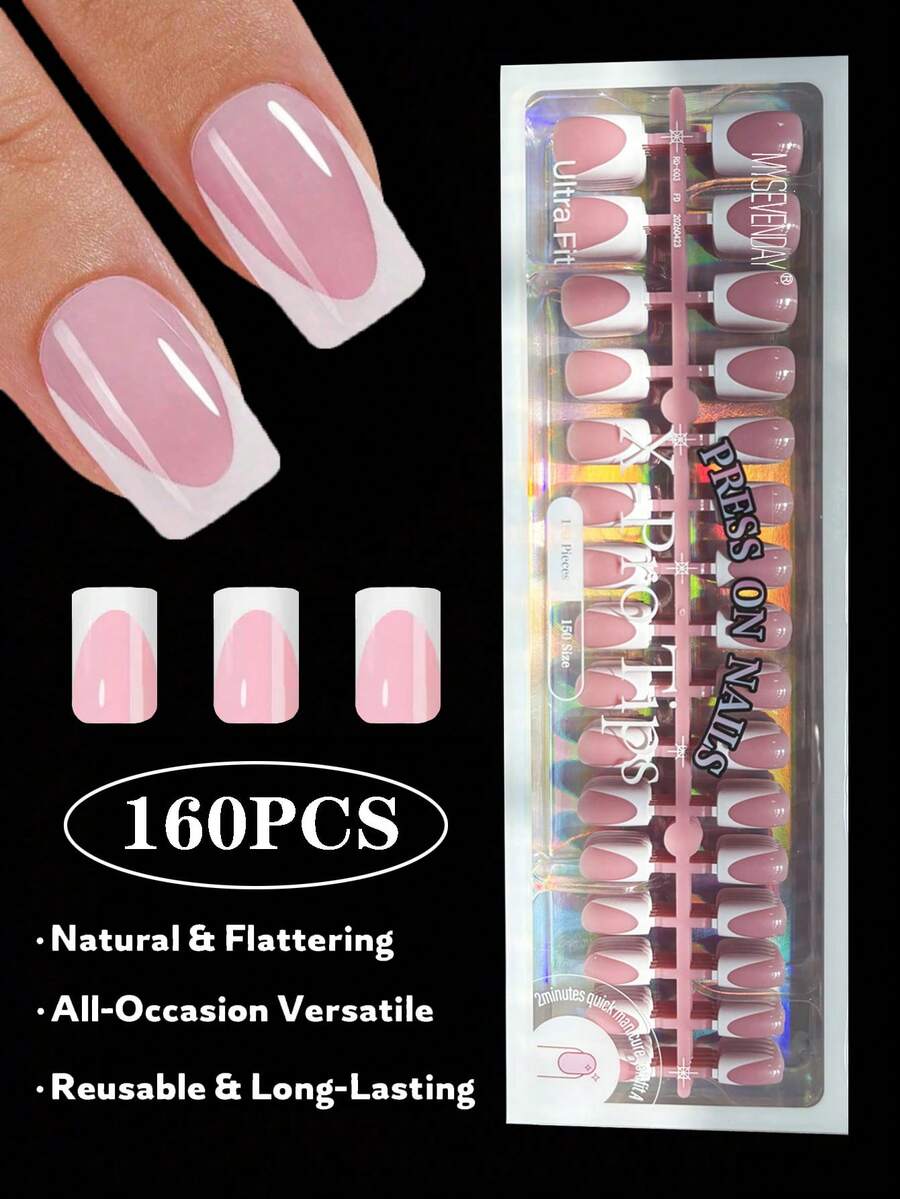 160pcs Square Dark Color French Manicure Nail Stickers, Pink & White French Gel Nail Stickers, Matte French Nail Stickers, Soft Gel Nail Stickers, These Durable Nail Stickers Come In 16 Sizes For DIY, Suitable For Women And Nail Salons Nails