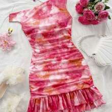 Nana's Women's Clothing Store  Vestido mini ajustado con volantes asimétricos en el hombro y estampado de teñido anudado romántico. Versátil para fiestas, citas, té de la tarde, playa, boda, temporada de graduación - Multicolor - Ver 1