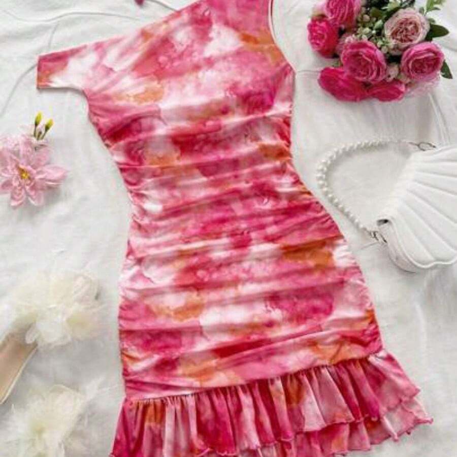Nana's Women's Clothing Store  Vestido mini ajustado con volantes asimétricos en el hombro y estampado de teñido anudado romántico. Versátil para fiestas, citas, té de la tarde, playa, boda, temporada de graduación - Multicolor - Ver 1