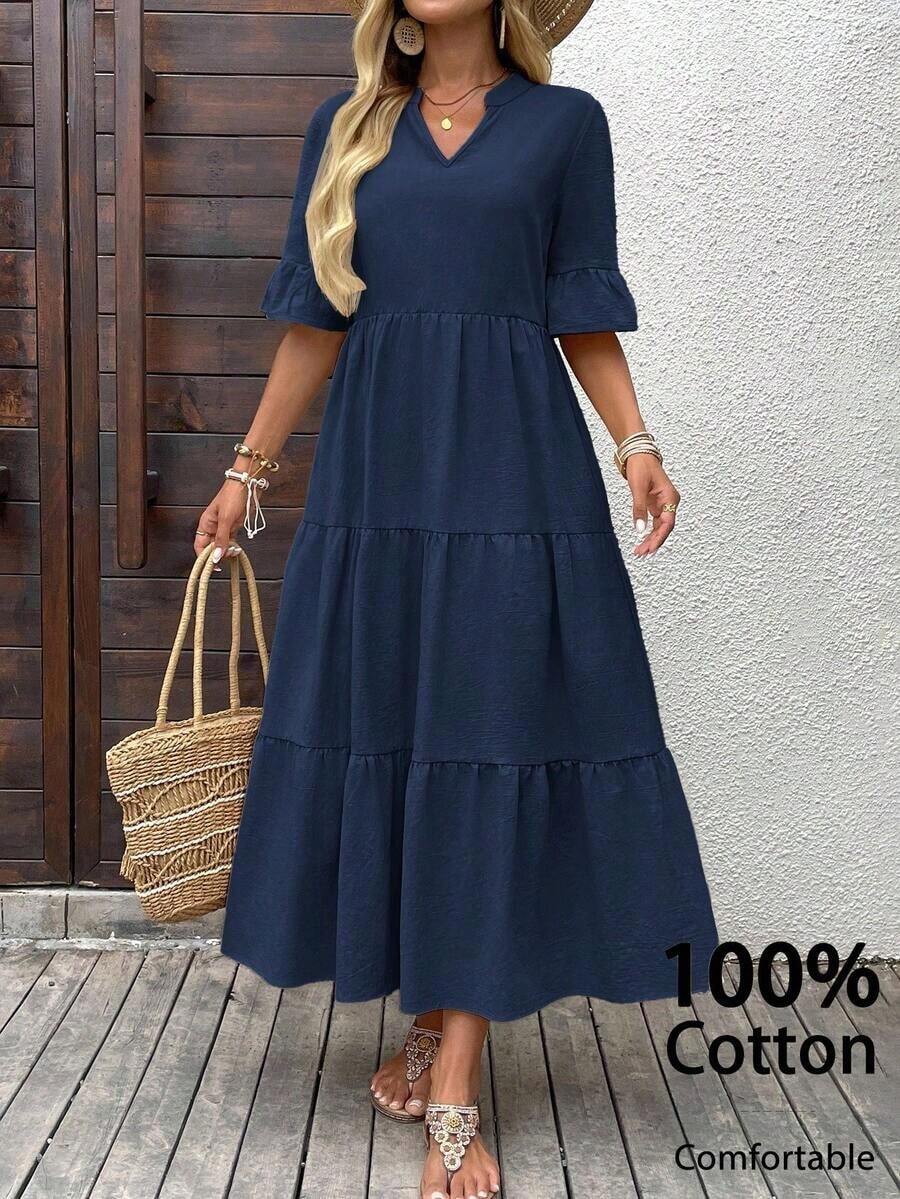 Vestido casual de unicolor con escote en pico para vacaciones de mujer - Azul marino - Ver 1