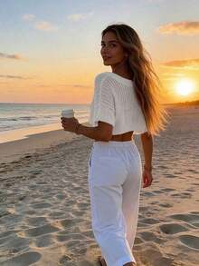 Suéter de punto de mujer de verano con cuello redondo, manga corta, corte holgado, ajuste delgado, ligero y transpirable de unicolor, para uso casual en la playa y viajes, color negro - Blanco - Ver 5