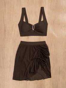 jeederkim 新款夏季女款比基尼上衣配金屬飾品，搭配透明迷你裙，適合海灘度假穿著 - 咖啡棕 - 查看 8