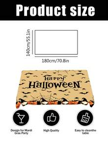 1PC Halloween Themed Polyester Tablecloth – Black Cat & Pumpkin Pattern (Light Orange With Bats & Spiders) – Available In Round (145cm) Or Rectangular (140x180cm) – Festive Table Decor For Halloween Parties And Family Gatherings - Multicolor - View 2