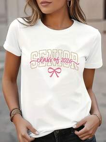 1 camiseta estampada de moda femenina para la temporada de graduación, cuello redondo casual, manga corta, transpirable, lavable a máquina, 180g 100% algodón. - Negro - Ver 6