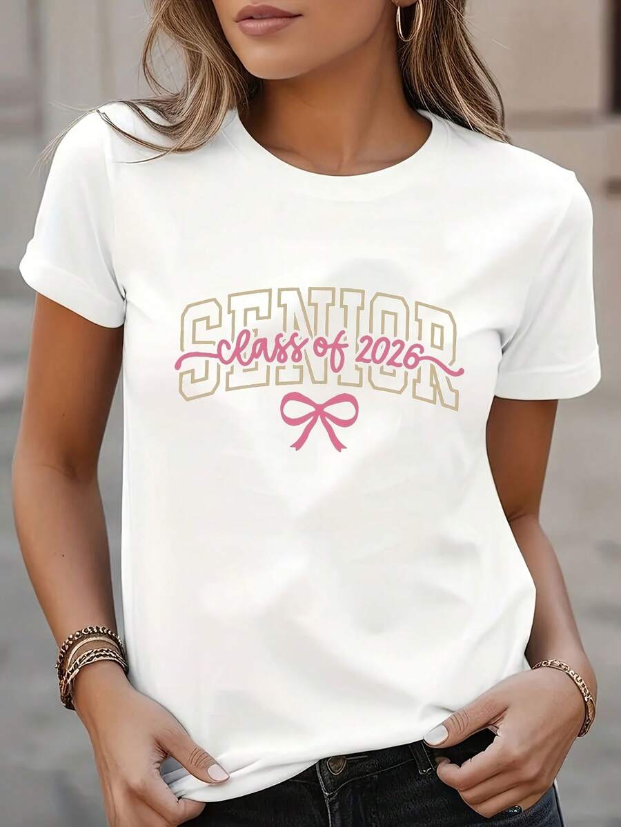 1 camiseta estampada de moda femenina para la temporada de graduación, cuello redondo casual, manga corta, transpirable, lavable a máquina, 180g 100% algodón. - Blanco - Ver 1