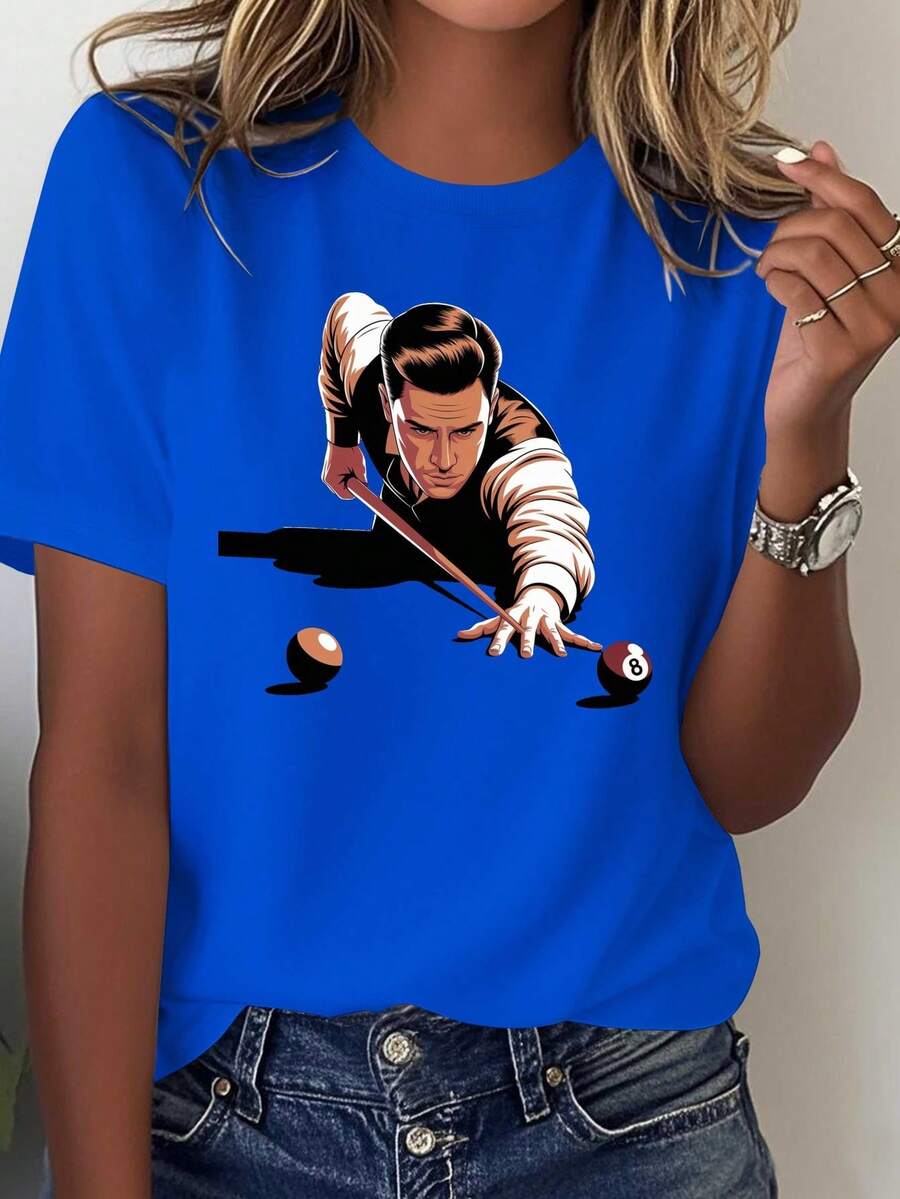Camiseta vintage para mujer con temática de billar - Estilo casual, estampada con un diseño del arte del tiro de precisión, adecuada para todas las estaciones, ideal para eventos de billar y uso diario. - Azul - Ver 1