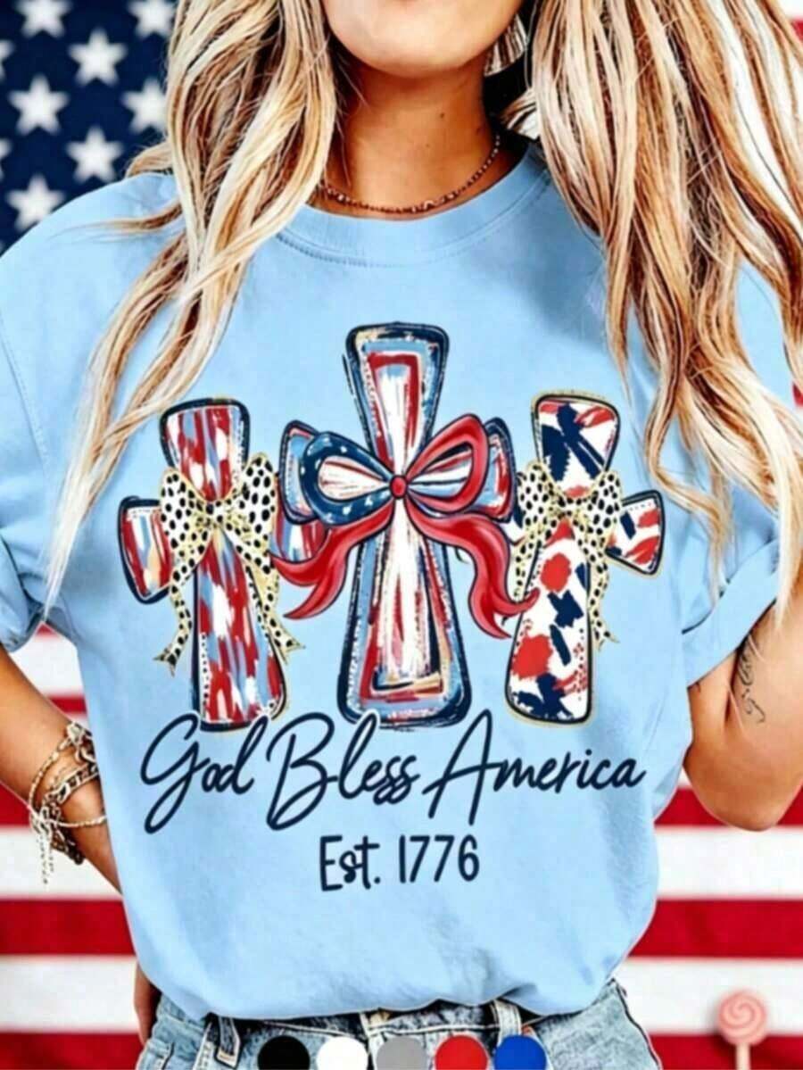 Graphic Tees For The Celebration Of America's 250th Anniversary, Crew Neck T-Shirt, T-Shirt With The Phrase "God Bless America", Gift T-Shirt For The 250th Anniversary Of The USA, Unisex T-Shirt For Independence Day, July 4th, Casual Style, Crew Neck, Regular Fit, 100% Cotton, T-Shirt With 1776 Design, Commemorative T-Shirt For Patriotic Independence Day. - 藍色 - 查看 1