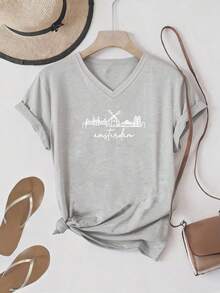 Talla grande - talla extra grande - camiseta de mujer, hecha de algodón puro, tela ligera y transpirable, diseño de cuello redondo, diseño estampado, corte de manga corta, adecuada para primavera y verano. - Gris Claro - Ver 6