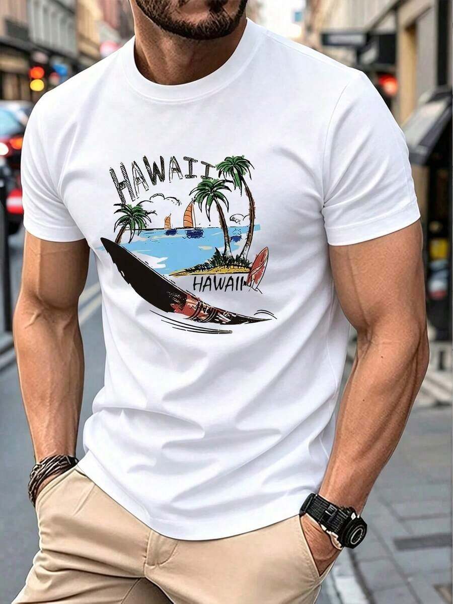 Men's Hawaiian Design T-Shirt - Oversized Tropical Beach Style - White - View 1