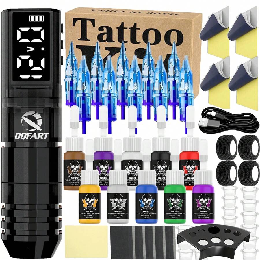 DQFART Wireless Tattoo Machine Kit With Smart Display - 1600mAh Battery, 5-6 Hours Working Time, Quiet & Lightweight Tattoo Pen, Suitable For Beginners, Includes Complete Set Of 10 Needle Cartridges And 10 Inks