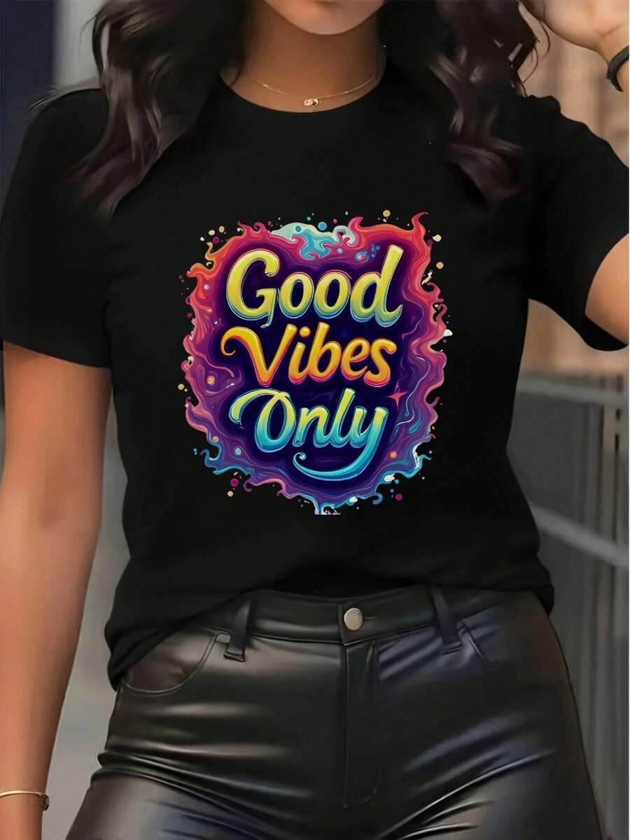 Camiseta de mujer% algodón con estampado de letras multicolor y colores delíris, estilo energía positiva - suave y transpirable, con frases inspiradoras, corte clásico, una prenda casual que mejora el estado de ánimo, adecuada para todas las estaciones, se puede usar como capa base en primavera y otoño o sola en verano, estilo unisex, perfecta para amigas, una camiseta moderna de algodón de alta calidad. - negro - Ver 1