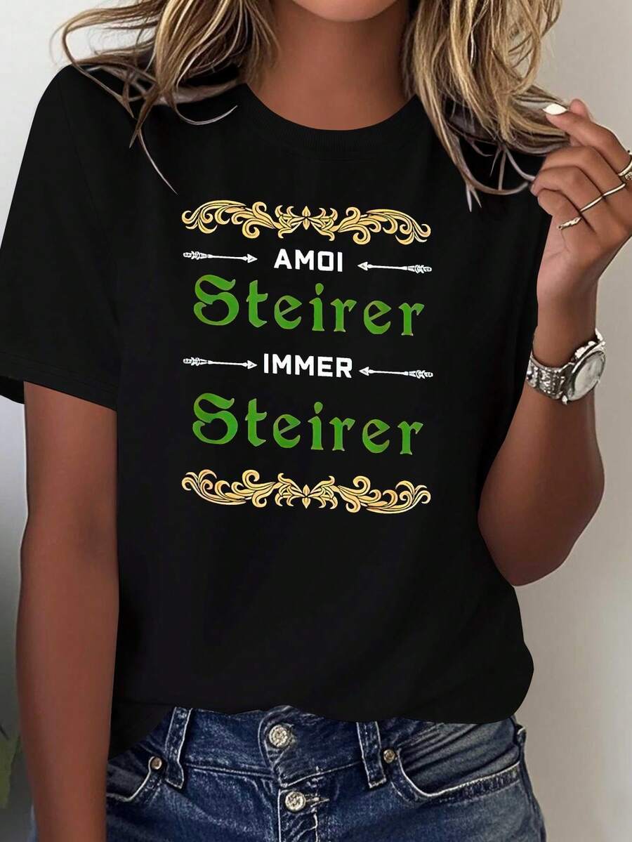 Camiseta estampada de algodón puro para mujer, estilo estiriano austriaco, cómoda y versátil, blusa casual de manga corta para mujer. - Negro - Ver 1