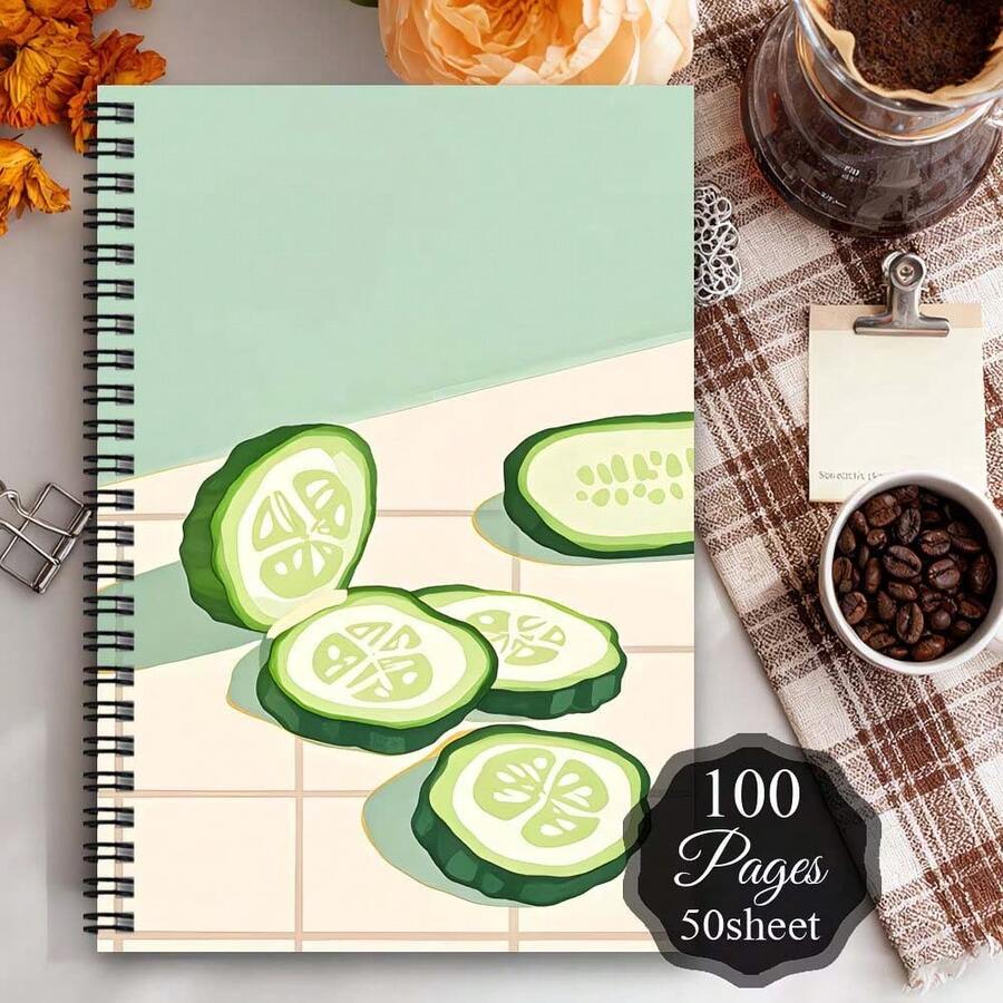 Humorous Kimchi Themed Spiral Notebook - A Travel Journal And Personal Planner With Quirky Korean Design, Light Green Background And Fresh Cucumber Pattern - C - View 1
