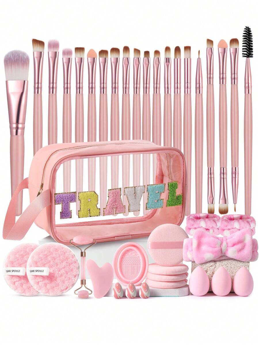 Bộ dụng cụ trang điểm 39 món bao gồm: Bộ 20 cọ trang điểm + 1 túi đựng mỹ phẩm và đồ dùng cá nhân đa năng có khóa kéo chống thấm nước + 3 bông mút trang điểm + 3 bông mút trang điểm mini + 4 bông phấn tròn + 2 bông rửa mặt + 2 dây đeo chậu rửa tay + 1 băng đô + 1 dụng cụ vệ sinh cọ trang điểm + 1 con lăn massage + 1 thớt cạo gió. - Nhiều màu - Xem 1