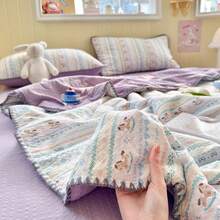 1pc Lace Trim Thin Quilt, Summer Quilt, Air Conditioning Quilt, Quilted Blanket, Cute Pastoral Style, Soft & Comfortable Lace Design, Bedding, Suitable For Dorm, Bedroom, Apartment, Applicable For Spring & Summer, Pillow Case Not Included - Mauve Purple - View 9
