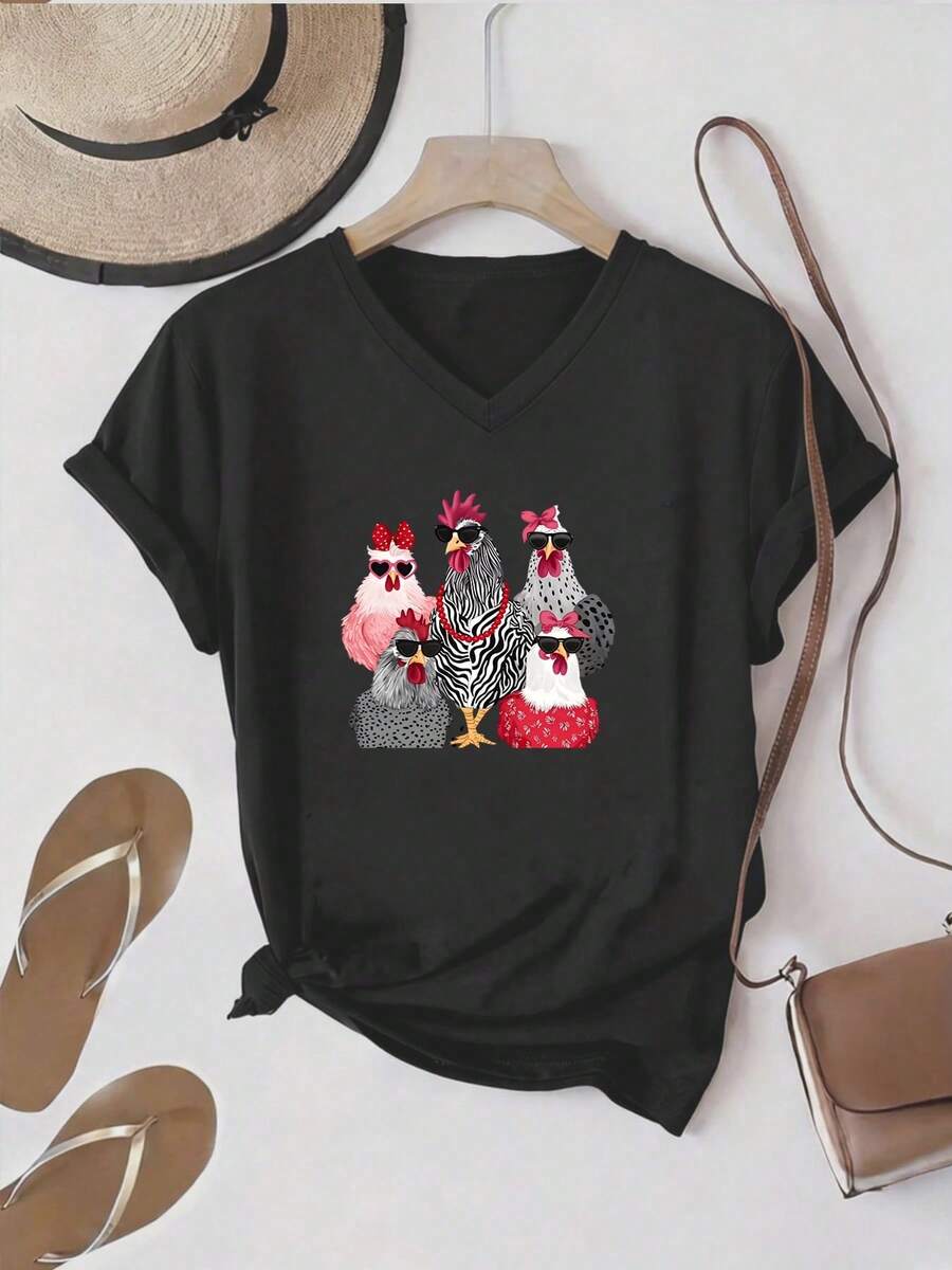 Talla grande - talla extra grande - camiseta de mujer, hecha de algodón puro, tela ligera y transpirable, diseño de cuello redondo, diseño estampado, corte de manga corta, adecuada para primavera y verano. - Negro - Ver 1