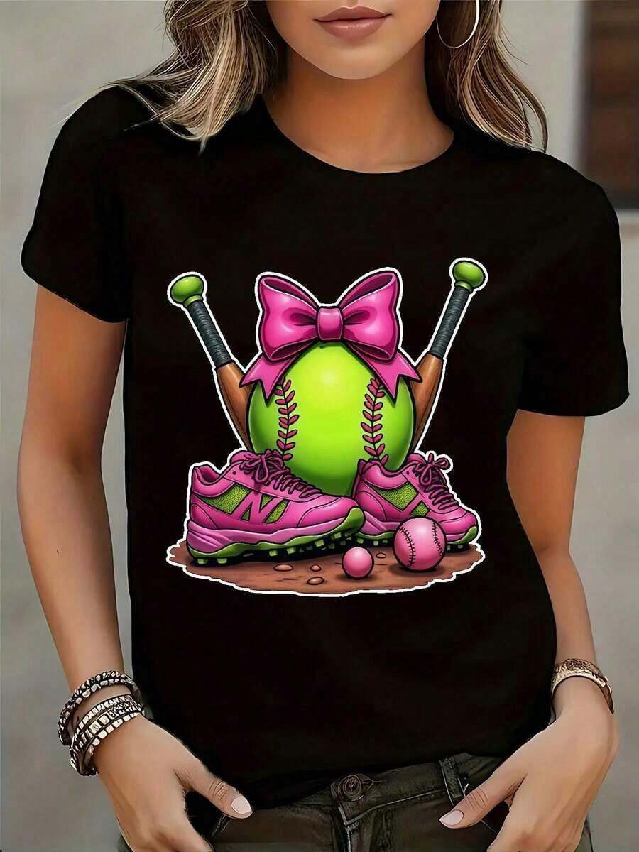 Camiseta estampada de verano para mujer Fashion260102198| Cuello Redondo, Manga Corta, Casual, Patrón Geométrico, Estilo Y2K, Adecuado Para Primavera, Verano Y Otoño - Ropa De Moda Para Mujer, Uso Diario, Camiseta De Mujer A4, Camiseta De Verano, Moda - Negro - Ver 1