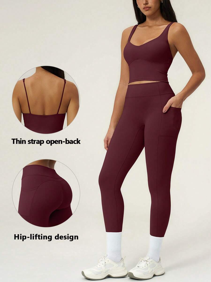 TimeOff 1 Set Pakaian Olahraga Wanita Warna Polos, Atasan Camisole Berkerah V dengan Bantalan dan Celana Ketat - Purple - View 1