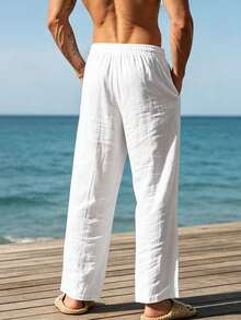 Pantalones largos casuales sueltos de lino blanco tejido para hombres, adecuados para primavera/otoño/verano - Blanco - Ver 4
