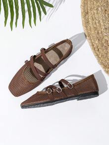 Square Toe Mary Jane Shoes, Three-Strap Elastic Banded, Breathable Mesh Summer Shoes, Fashionable & Elegant Flat Design - Brown - View 6