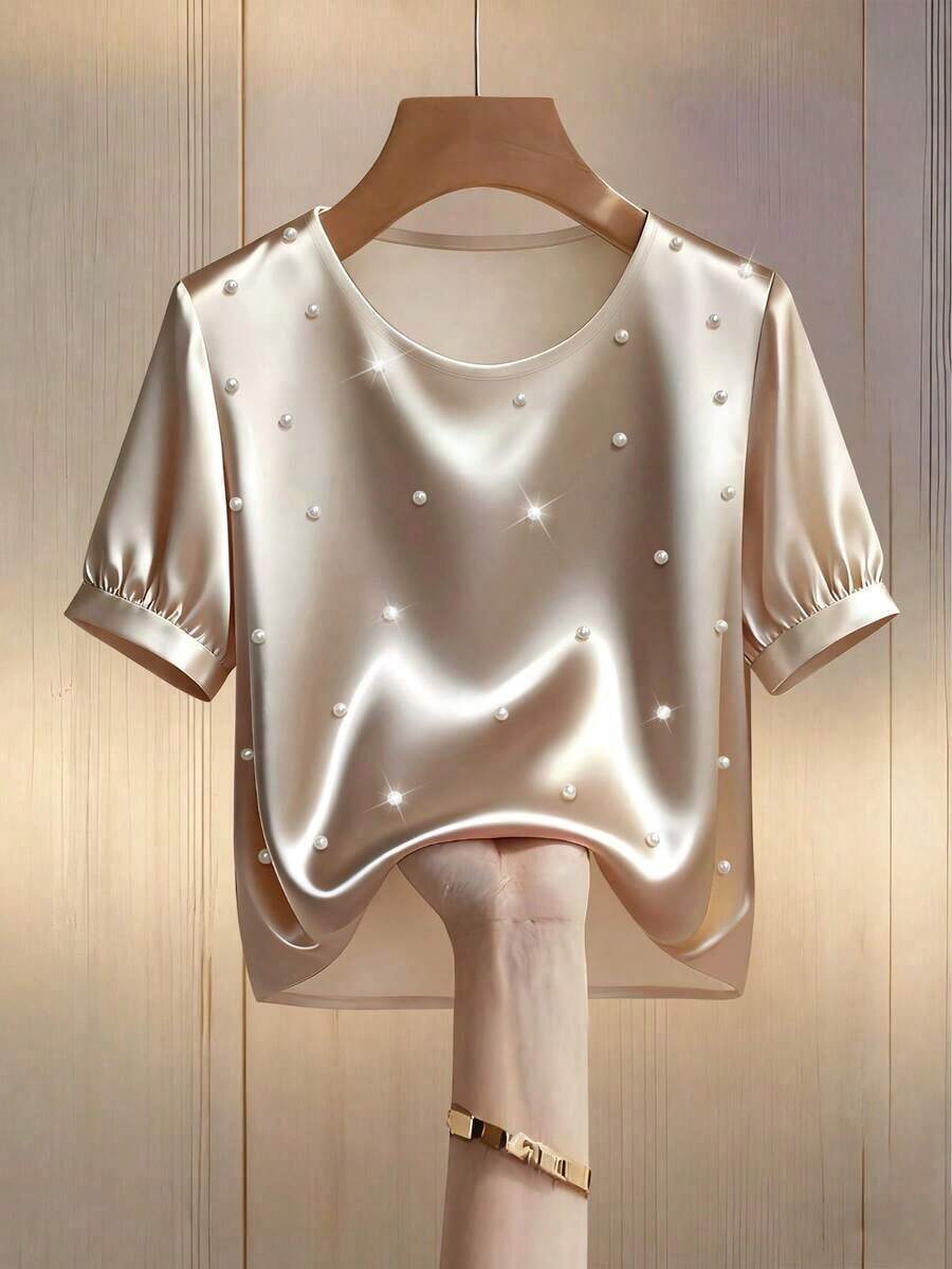 Camiseta de punto con cuello redondo y cuentas, estilo sencillo para mujer - Albaricoque - Ver 1