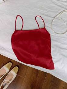 Top tipo tirantes para mujer sin espalda con lazo en color marrón chocolate satinado - Rojo - Ver 4
