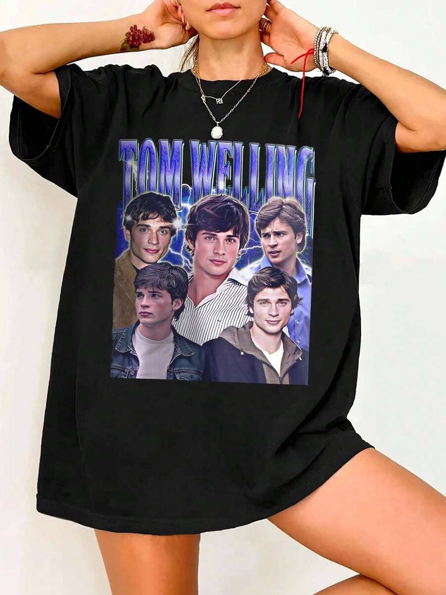 Tom Welling T-Shirt, Vintage Style, Textured Graphic Print, Design. - 黑色 - 查看 1