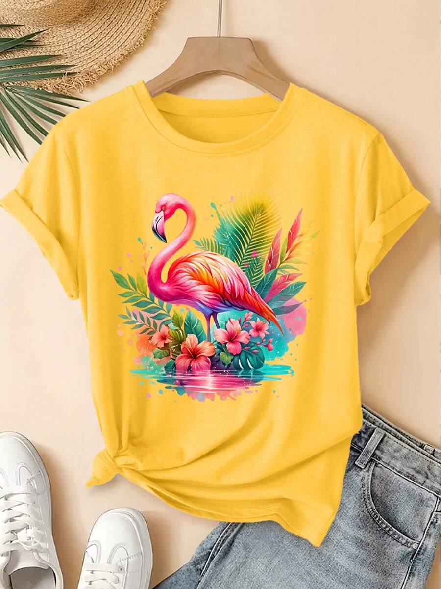 Women's Vintage Flamingo Print T-Shirt - Soft Retro Short Sleeve Top Compatible With Blouse | Not Suitable For Spring, Summer And Autumn Casual Wear | Machine Washable Youthful Blouse Style For Everyday Outfits And Workout Clothes - 黃色 - 查看 1
