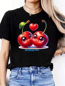 Just A Day Of Peace, Cherry Love, Valentine's Special Edition, Heart, Gift, Special Edition, New Women's Casual Sporty Crew Neck T-Shirt Comfortable For All Four Seasons - 黑色 - 查看 3