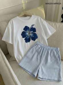 Almacén local, una camiseta de manga corta para mujer con estilo retro americano, de corte holgado y diseño estampado (los pantalones son solo para sugerencias de estilo). Esta pieza sencilla y elegante presenta un patrón de letras impresas con temática tropical, lo que la convierte en un elemento imprescindible para crear un look relajado de vacaciones, perfecto para ocasiones como el Día del Trabajo y el Día de la Independencia de México. - Blanco - Ver 6