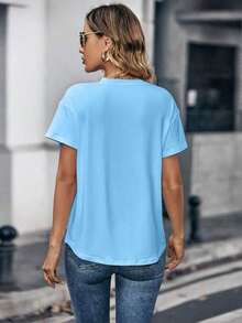 Camiseta de cuello redondo de manga corta de unicolor para mujer de moda - Azul - Ver 2