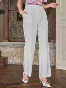 Pantalones rectos de unicolor de estilo casual y de negocios, pantalones de vestir de tiro bajo para mujer - Blanco - Ver 7