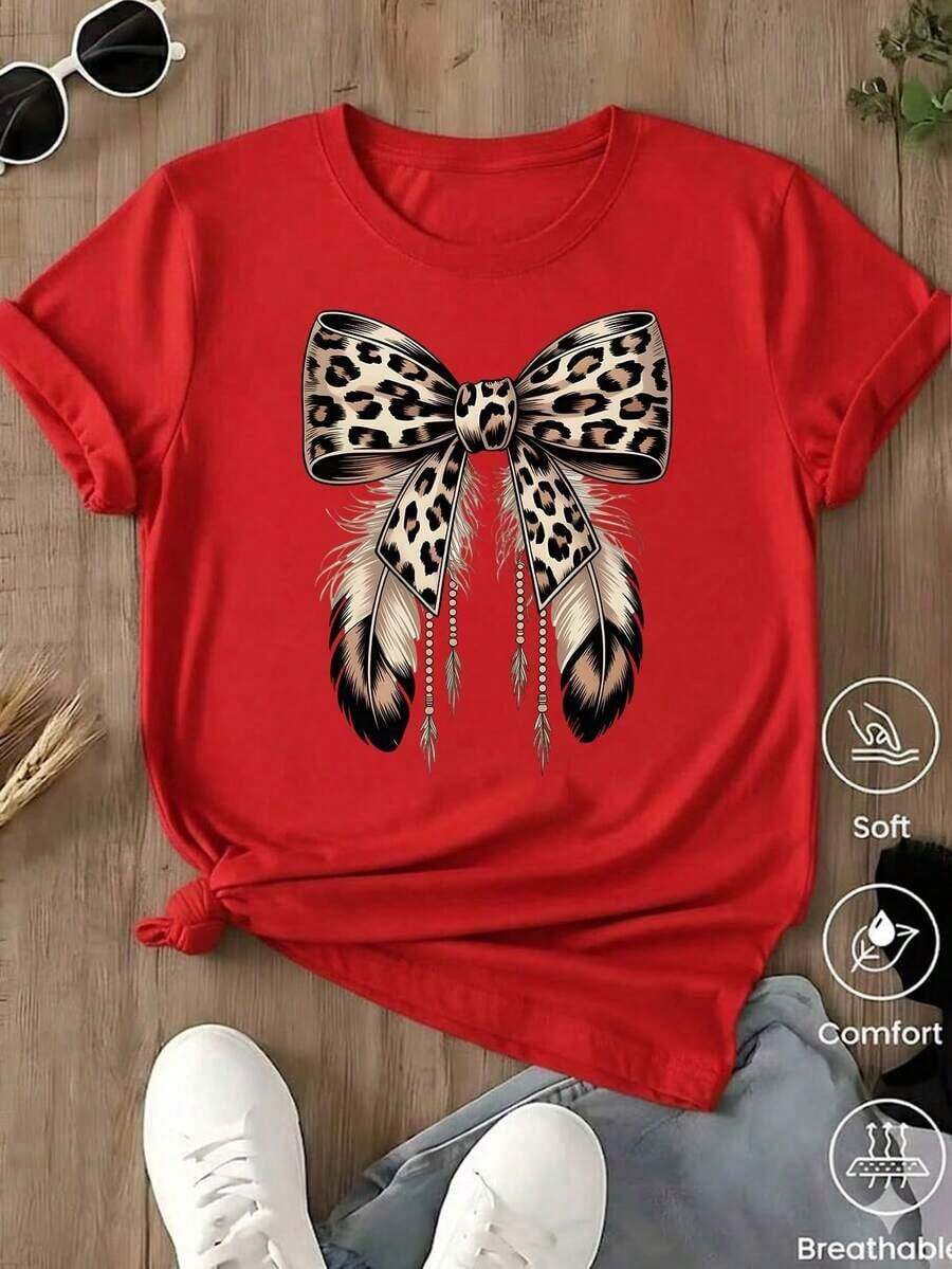 Unisex Casual One-Piece T-Shirt! The Women's Version Features A Classic Black Base With A Leopard And Lion Print, Offering A Retro-Chic And Versatile Style. Effortlessly Create A Casual Urban Look, Suitable For Everyday Wear, Vacations, And Leisure Activities. - 紅色的.. - 查看 1