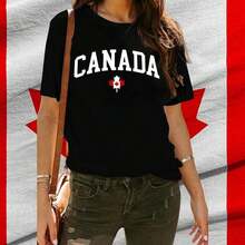Women's Casual Cotton T-Shirt With Canadian Flag And Heart Print, Short Sleeve, Round Neck, Drop Shoulder, Cute Summer Garment With Slightly Stretchy Fabric - 黑色 5 - 查看 2