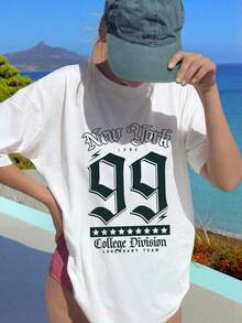 Camisetas Oversized Promoción de nuevo lanzamiento Camisetas básicas para mujer Camiseta gráfica informal oversize para mujer con la inscripción New York 99, manga corta, cuello redondo, hombros caídos, top de tejido de punto para ropa urbana Camisetas con letras para mujer Nuevos productos de la temporada Camisetas Oversized Oferta limitada por tiempo limitado Camisetas casuales para mujer 34GI - Blanco - Ver 3
