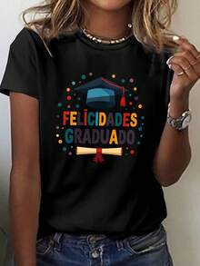 Talla grande - talla extra grande - camiseta de mujer, hecha de algodón puro, tela ligera y transpirable, diseño de cuello redondo, diseño estampado, corte de manga corta, adecuada para primavera y verano. - Negro - Ver 6
