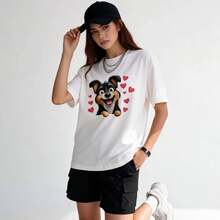 Men's Casual Style T-Shirt With A Smiling Dog And Red Hearts Print, Ideal For Everyday Wear In Spring And Summer, Perfect As A Gift For Pet Lovers - trắng - Xem 1