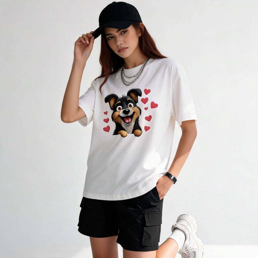 Men's Casual Style T-Shirt With A Smiling Dog And Red Hearts Print, Ideal For Everyday Wear In Spring And Summer, Perfect As A Gift For Pet Lovers - trắng - Xem 1