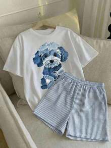 Soft Almacén local, una camiseta de manga corta para mujer con estilo retro americano, de corte holgado y diseño estampado (los pantalones son solo para sugerencias de estilo). Esta pieza sencilla y elegante presenta un patrón de letras impresas con temática tropical, lo que la convierte en un eleto imprescindible para crear un look relajado de vacaciones, perfecto para ocasiones como el Día del Trabajo y el Día de la Independencia de México. patrón - Blanco - Ver 7