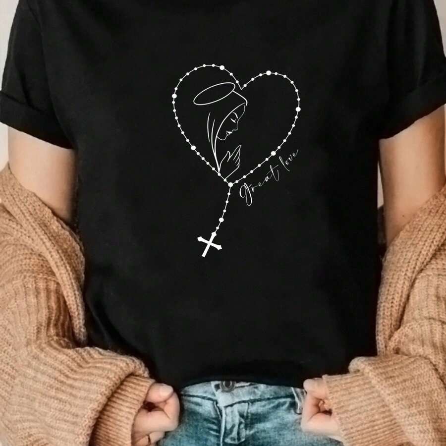 Spring And Summer One-Piece T-Shirt With Round Neck, Jersey And Cross Heart Print, Round Neck And Short Sleeves, Ideal For Running, Sports, Fashion, Elegant, Individual And Interesting For Women - 黑色 - 查看 1