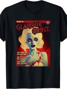 Unisex T-shirt i ren bomull, Glamour Ghoul 1950-tals skräckserieomslag T-shirt, samma stil för män och kvinnor, 2026 sommar kortärmad tryckt T-shirt, sommar T-shirt, sommaroutfit dam, sommaroutfit herr, T-shirt dam, kreativ design, utomhuslek, cool stil, rolig design, söt stil, sommaroutfit. - Svart - Visa 1