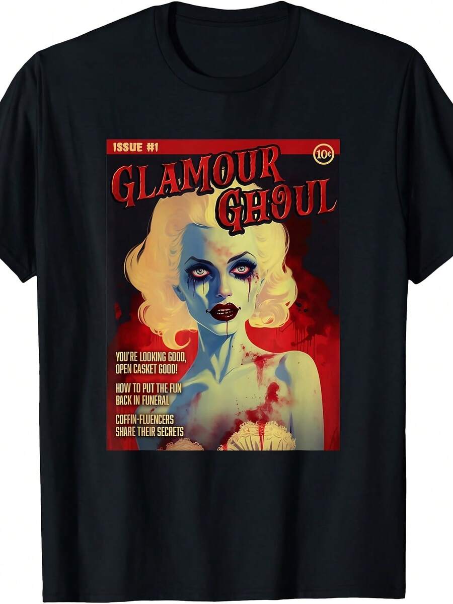 Unisex T-shirt i ren bomull, Glamour Ghoul 1950-tals skräckserieomslag T-shirt, samma stil för män och kvinnor, 2026 sommar kortärmad tryckt T-shirt, sommar T-shirt, sommaroutfit dam, sommaroutfit herr, T-shirt dam, kreativ design, utomhuslek, cool stil, rolig design, söt stil, sommaroutfit. - Svart - Visa 1