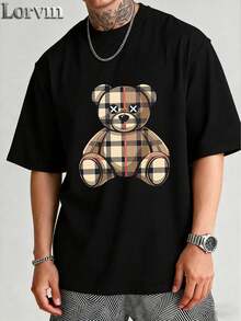 Teddy Bear Checkered Men's T-Shirt, Summer Fashion, Casual Holiday Style, Round Neck, Stylish And Versatile, Suitable For Everyday Wear Or Weekend Trips, A Perfect Gift For Men. - 黑色 - 查看 1