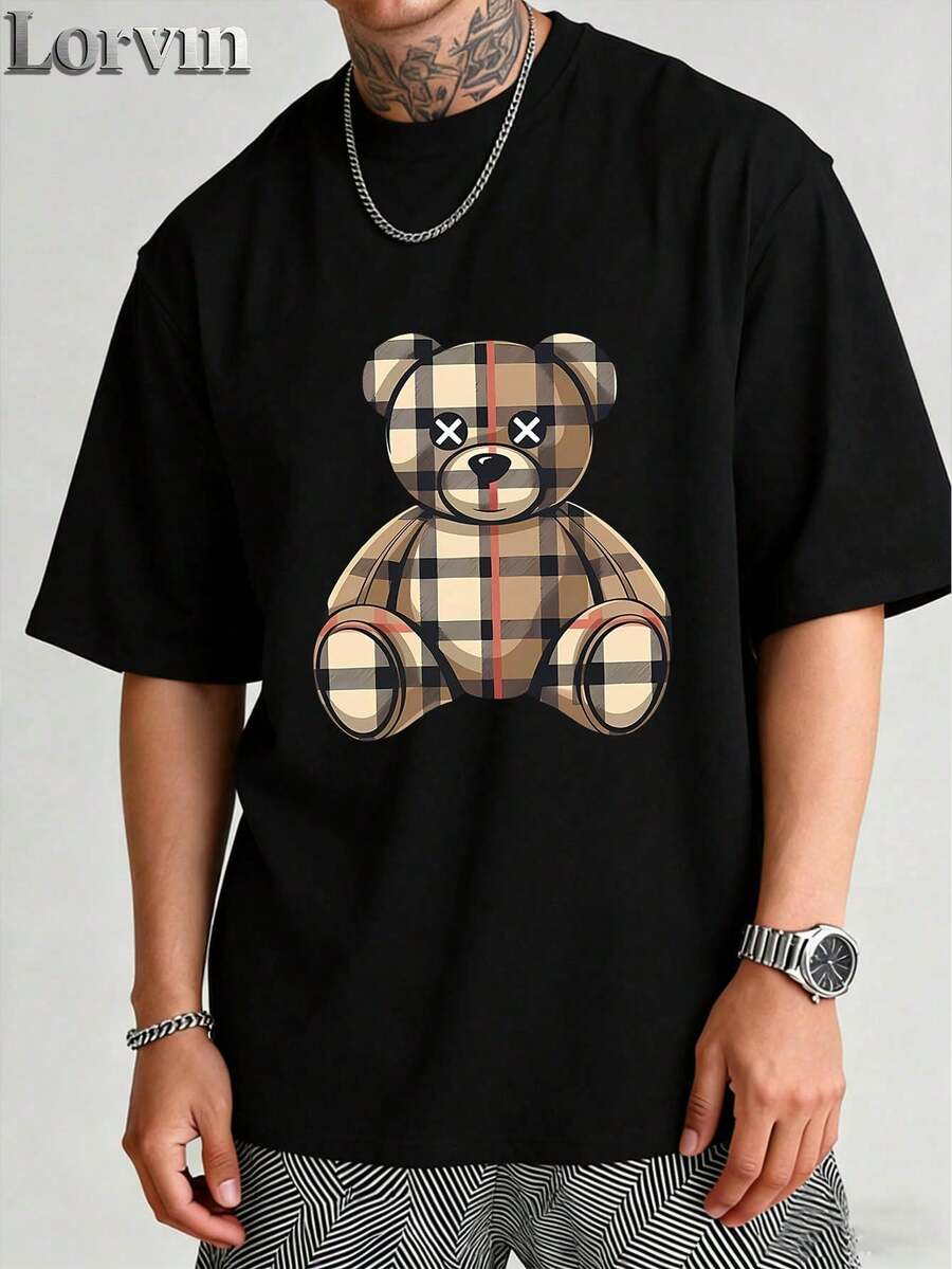 Teddy Bear Checkered Men's T-Shirt, Summer Fashion, Casual Holiday Style, Round Neck, Stylish And Versatile, Suitable For Everyday Wear Or Weekend Trips, A Perfect Gift For Men. - 黑色 - 查看 1